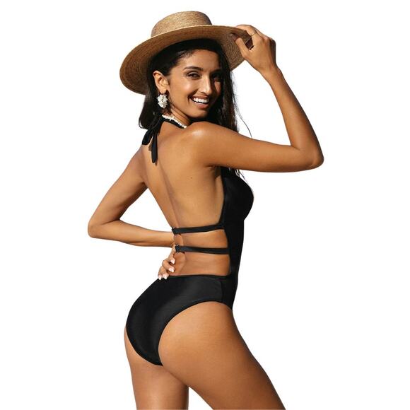 Cupshe Women's Mesh Plunging Halter One Piece Swimsuit Black Size Medium - Picture 2 of 7